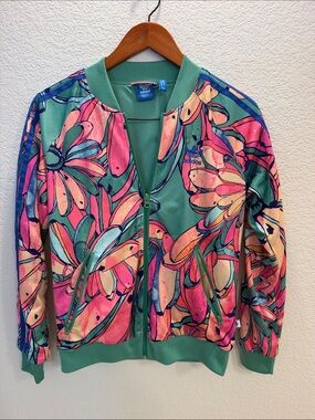 adidas Floral Print Bomber Jacket in Green, Pink & Peach